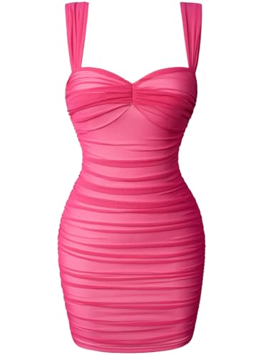 LAGSHIAN Women's Summer Sexy Bodycon Sleeveless Tank Straps Mesh Ruched Mini Party Dress