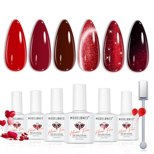 modelones Red Gel Nail Polish Set 6 Colors Burgundy Cherry Dark Red Cat Eye Glitter Color Changing 2026 Hema&TPO Free Gel Polish Kit with Magnet Soak Off Nail Art DIY Gifts