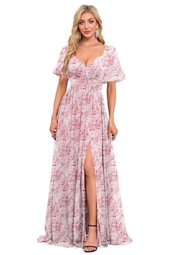 Image of Women's Flutter Sleeves Chiffon Bridesmaid Dresses with Slit Long A Line V-Neck Formal Party Dress with Pockets