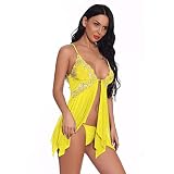 Briskorry Frauen Babydoll Spitze Dessous Sexy Unregelmäßiger Saum Nachtkleid Perspektive Nachtwäsche Pyjama-Set Lingerie mit G-String Verführerisch Schlafanzüge