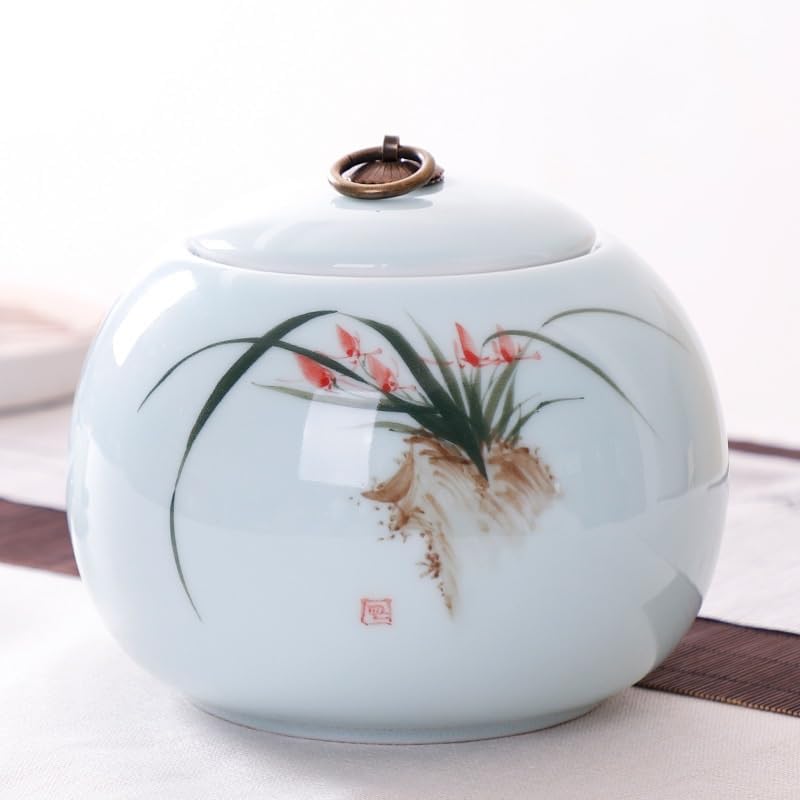 SONGCHAO Sugar Jar Hand-Painted Celadon Tea Jar, Ceramic Sealed Jar, Ceramic Candy Jar, Chinese Grain Storage Jar Tea Canister (Color : A)