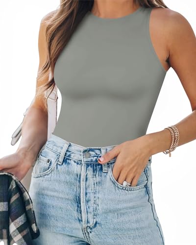Image of MANGOPOP Women's Tank Top Bodysuit Crew Neck Sleeveless Racerback Halter Ribbed Body Suits Sexy Summer Going Out Tops