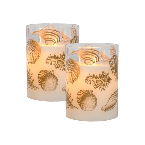 Image of LumaBase Battery Operated LED Glass Candles with Flickering Flame, Seashells - Set of 2