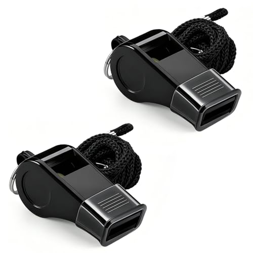 uadbau 2 Pack Black Whistle for Coaches, Loud Crisp Sound Sports Whistles with Mouth Grips & Lanyards, Durable Plastic Whistles for Teachers, Referees, Officials, Emergency & Outdoor Activities