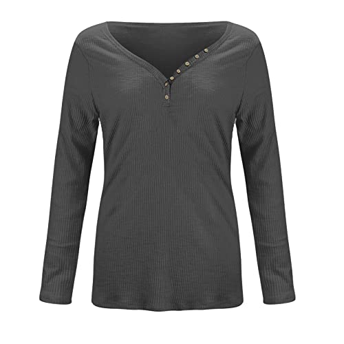 Long Sleeve T Shirt Women Ribbed Striped Tops Crew Neck Button Down Blouses Casual Slim Fit Henley Tees Fall Pullover3
