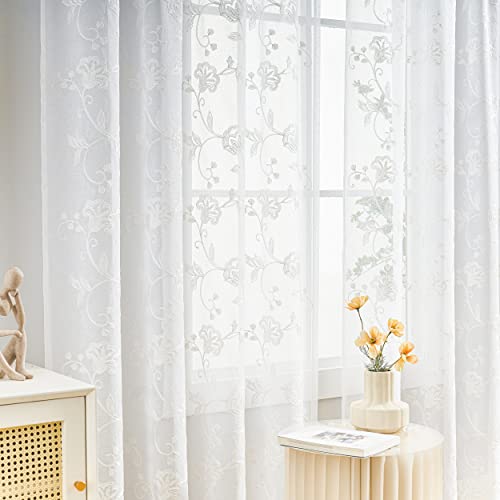 White Sheer Curtains Embroidery 63 Inch Length Rod Pocket Voile Drapes For Living Room, Bedroom, Window Treatments Semi Flower Pattern Curtain Panels For Kitchen, Yard, Farmhouse, Set Of 2, 52"X 63". #TOP3