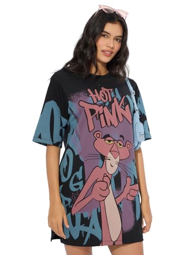 Image of The Souled Store Official Pink Panther: Hot Pink Women and Girls Short Sleeves Round Neck Black Graphic Printed Cotton Mini Oversized T-Shirt Dresses