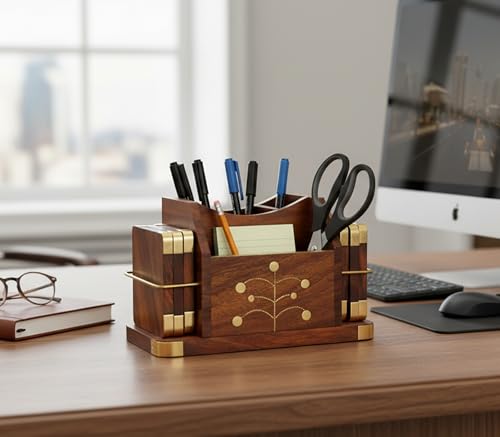StonKraft Wooden Stationery Desk Organiser, Coasters Set, Pen Stand, Business Card Holder With Brass Work (Office Table Accessories), Gold