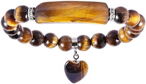 Nupuyai 8MM Tiger Eye Stretch Bracelets for Unisex, Healing Stone Bracelet with Dangle Heart Charm 7"