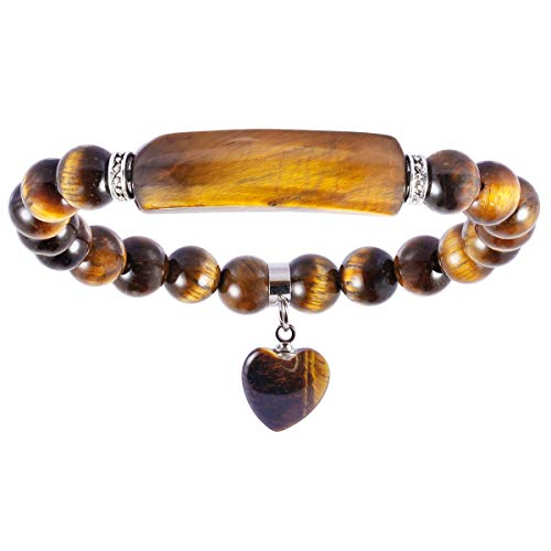 Nupuyai 8Mm Tiger Eye Stretch Bracelets For Unisex, Healing Stone Bracelet With Dangle Heart Charm 7" #TOP18