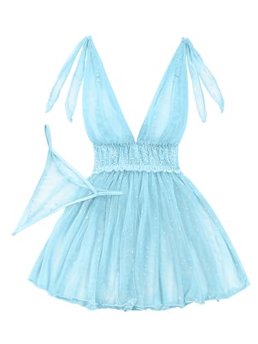 Image of Lilosy Sexy Polka Dots Mesh Sheer Lace Babydoll Chemise Lingerie Set Floral Sleep Wear