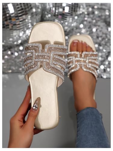Verdusa Women's Glitter Rhinestone Sandals Summer Square Toe Slip on Flat Sandals4