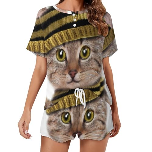 Pyjama femme été court pour ne plus souffrir de la chaleur la nuit motif chat