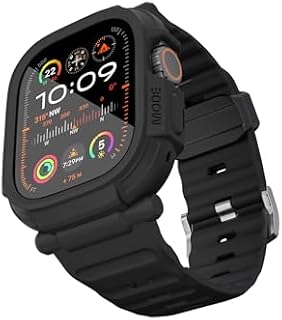 elkson Compatible with Apple Watch Ultra Band Case 49mm Screen Protector Tempered Glass, Quattro Pro Series Rugged for iWatch Bumper Strap, Military Grade Durable Protective Cover, Shock Proof, Black
