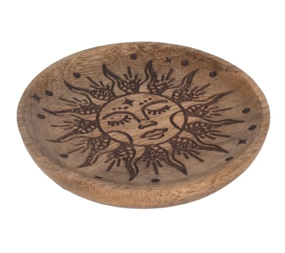 Plateau Rond Décoratif en Bois de Manguier Gravé Soleil – Vide-Poche Artisanal – 16 cm – Décoration Bohème & Spirituelle