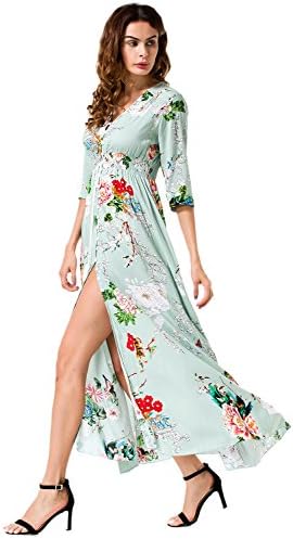 Liamluna Women's Floral Print Button up Split Party Flowy Maxi Dress Green XXL
