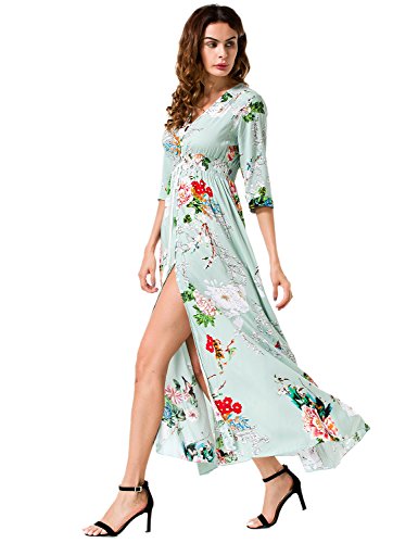 Liamluna Women's Floral Print Button up Split Party Flowy Maxi Dress Green XXL