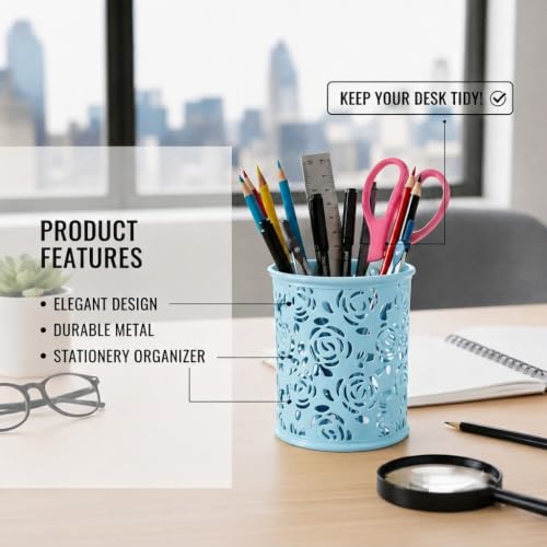 Image of Metal Mesh Pen Stand for Office & Home Desk | Black Stationery Holder Organizer for Pens, Pencils, Markers, Makeup Brushes | Durable Round Wire Mesh Pen Stand (Pack of 1) (Floral Sky Blue)