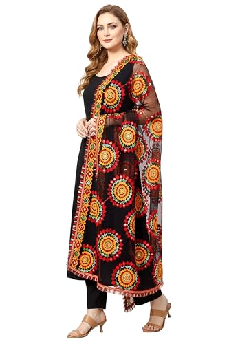 Chandrakala Net Dupatta for Women, Shawl Scarf Wrap Chunni, Black Multicolor (D281BLA)