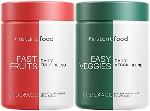 Instantfood Easy Veggies + Fast Fruits Vitamins Bundle, 30+ Daily Vegetables & Fruits, Whole Food Greens & Fruits Multivitamin Capsules, Fibers, Vegan Superfood Minerals Supplement, Non-GMO, 180 ct