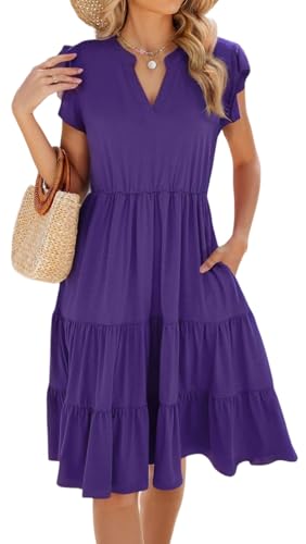 Womens Summer Dress Ruffle Sleeve V Neck Midi Dresses Casual Fit Flowy Tiered Boho Beach Vacation Sundress