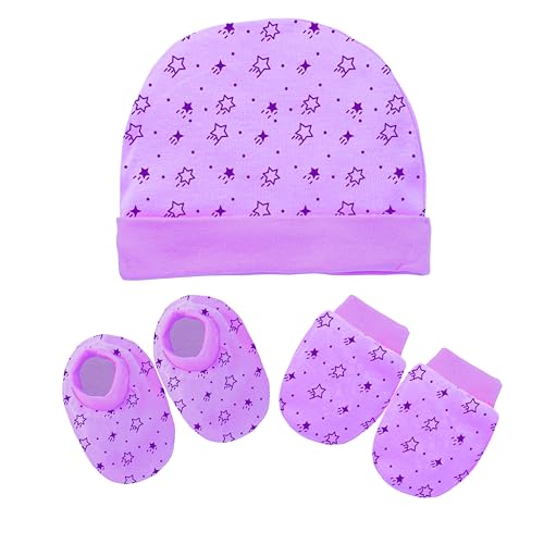 Image of Kidbee Baby Cotton Booties Mittens and Caps Combo for New Born Babies (0-6 Months)