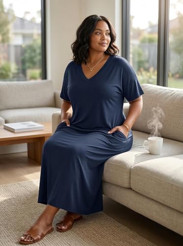 Image of SUZONANA Women Casual T-Shirt Dress V Neck Short Sleeve Solid Color Oversize Dress with Front Two Pockets