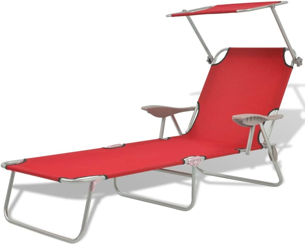 Folding Lounge Chairs, Lounge Chair with Steel Frame for Beach, Yard, Pool and Patio,Sun Lounger with Canopy Steel Red