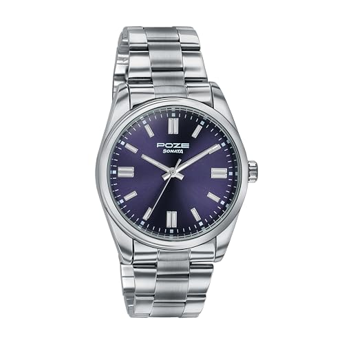 Image of Sonata Poze 6 Chrome Calling Quartz Blue Round Dial Men's Watch | SS Cut Edge Strap Material | Watches for Men Analog - SP70033SM05