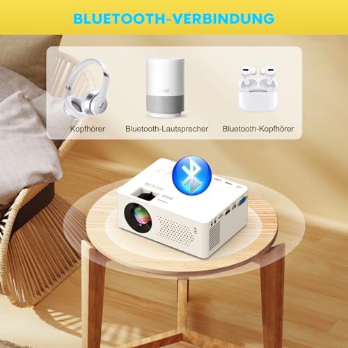 PURSHE Mini Beamer, Mini Bluetooth Projektor Full HD 1080P Tragbarer Outdoor Filmprojektor für iOS...