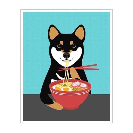 A 655D - Black and Tan Shiba Inu Dog Eating Ramen Noodles with Chopsticks UNFRAMED Wall Art Print by Lee ArtHaus