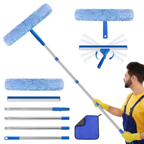 Kit de limpieza de escobilla de ventana de 5.5 pies, kit de herramientas extensible para limpiar ventanas con poste de extensión, escobilla de ventana de 35 cm y kit de limpiaparabrisas de microfibra