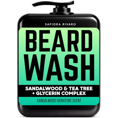 Safiora Rivaro Beard Wash for Men with Tea Tree & Sandalwood Hydrating Beard Shampoo Softener for Coarse Hair Grooming Cleanser for Daily Care Routine Moisturizing Wash for Black Men (5 Fl Oz)