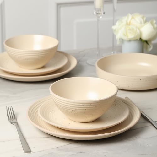 Image of Stone Lain Lauren Modern Stoneware 32-piece Round Dinnerware Set, Plates and Bowls Set, Dish set for 8, Beige