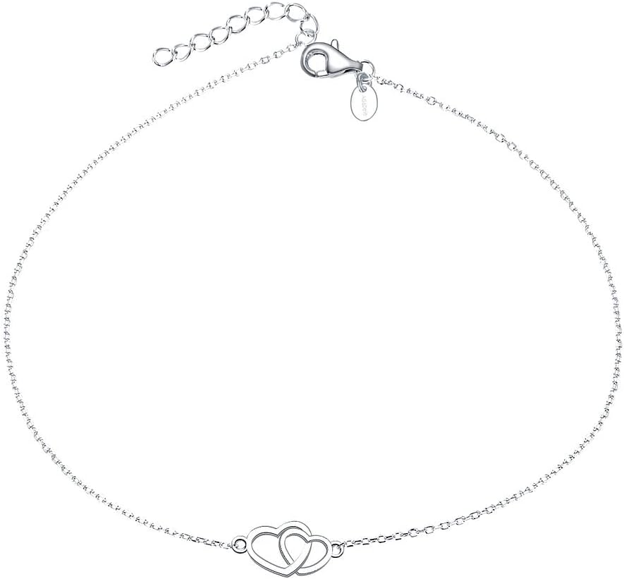 Adabele Solid Sterling Silver 18K White Gold Adjustable Anklet Heart Charm Pendant Chain Links 9 10 11 Inch Dainty Hypoallergenic Nickel Free Tarnish Resistant Women Jewelry
