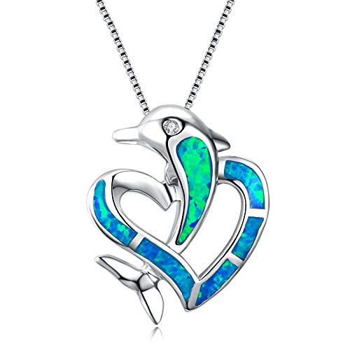 Halsketten mit gekreuztem Delfin- und Herz-Anhänger aus 925er-Sterlingsilber mit blauem Feueropal für Damen