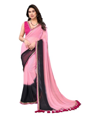Image of RAJESHWAR FASHION WITH RF Women's Fancy Desian Ombre Georgette Saree For Women With Latkan Tassels Lace Border & Unstitched Blouse
