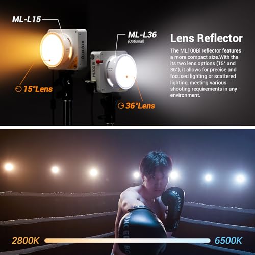 Image of Godox ML100Bi 100W Portable LED Video Light,CRI 97+ /TLCI 98+,0%-100% Brightness& Bi-Color COB Continuous Output Lighting 2800-6500K,11 FX Lighting Effects,App Control Mini Photography Light