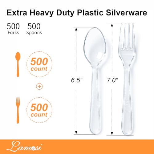 Image of Lamosi 1000 Count Extra Heavy Duty Clear Plastic Forks and Spoons | Disposable Plastic Silverware BPA-Free, Heat Resistant for Wedding Party Supplies, 500 Forks, 500 Spoons