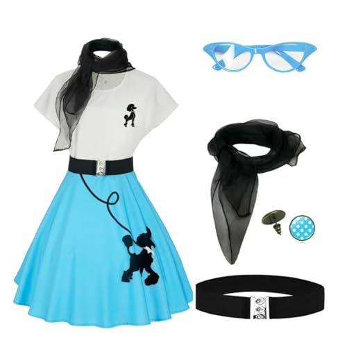 1950s Poodle Skirts Sock hop Outfits Women 50s Poodle Dress with Belt Glasses Earrings and Scarf(Z3755BU, S)