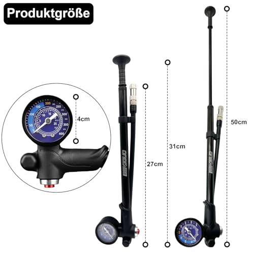 Hochdruck Fahrrad Dämpferpumpe(Max 400 PSI) 3 in1- Fahrrad Gabelpumpe, Hinterradaufhängung pumpe und Fahrradreifen pumpe, Fahrradpumpe mit Manometer, Tragbare Minipumpe mit Entlüftungstaste
