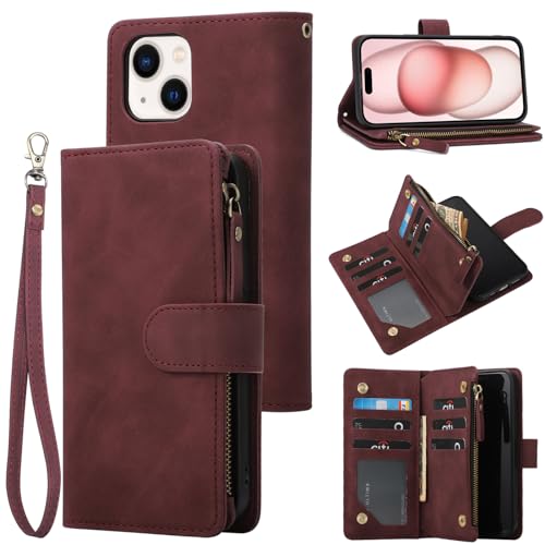 RANYOK Wallet Case for iPhone 15 (6.1 inch) with RFID Blocking Credit Card Holder, Premium PU Leather [Zipper Pocket] Flip Folio Case Wallet with Wrist Strap Kickstand Protective (Wine Red)