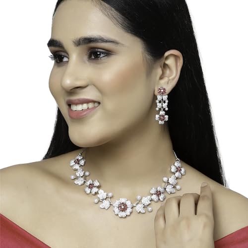 ZENEME Rhodium-Plated Cubic Zirconia Studded Floral Theme Necklace With Earrings Jewellery Set For Girls and Women - Image 5