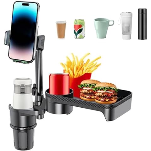 Aumotop 4 in 1 Car Cup Holder Expander Tray with Phone Mount, Multifunctional and Detachable Car Food Tray with 360°Rotation Adjustable Base, Car Cup Expander for Travel Road Essentials Accessories L Cover