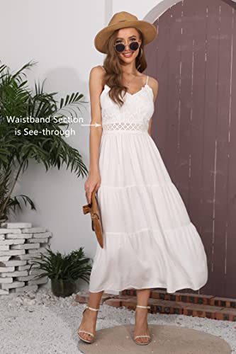 Image of Dokuritu Women's Beach Crochet Lace Maxi Dress Solid Color Summer Vacation Wedding Guest Spaghetti Strap Long Dress