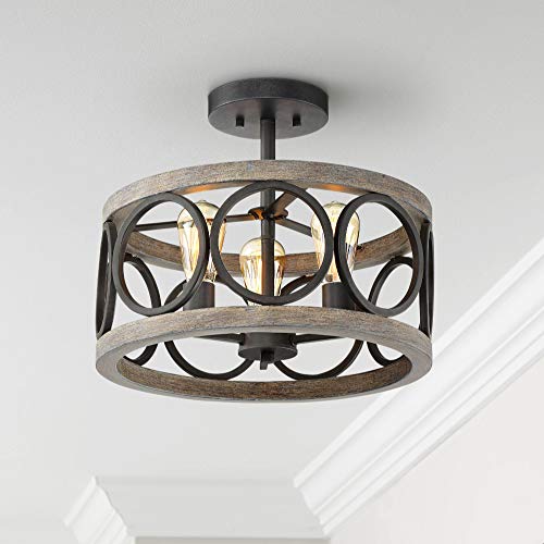 Franklin Iron Works Salima Farmhouse Rustic Ceiling Lighting Semi-Flush Mount Fixture Black Gray Wood Finish 16" Wide Antique Edison Bulb for House Bedroom Hallway Living Room Bathroom Kitchen