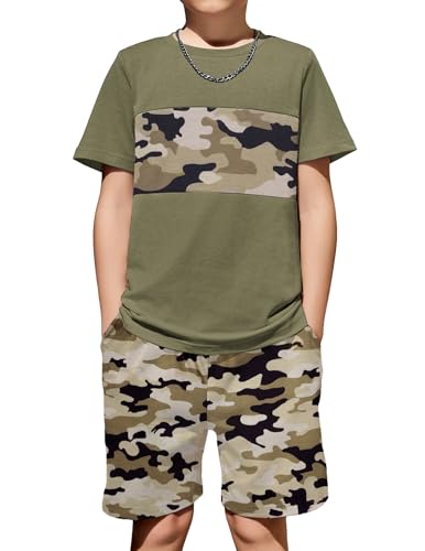 Image of Arshiner Boys' 2-Piece Cotton Outfit Color Block T-Shirt and Shorts Set Summer Camo Clothes for Kids 5-14 Years