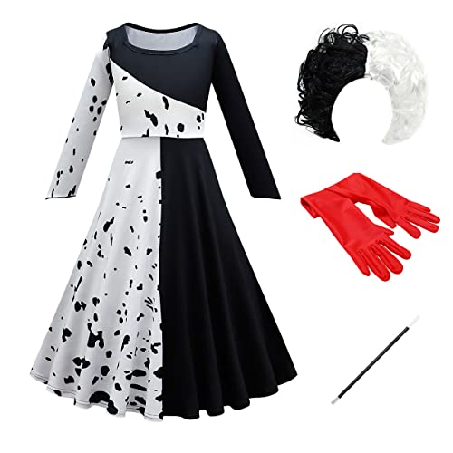 Kids Girls Halloween Costume Dalmatian Dog Dress for Toddler Carnival Cosplay Fancy Dress Up Party Birthday Role Play Gown +Wig +Gloves +The Pole 5PCS Outfit Set Black-long sleeve 5-6 Years