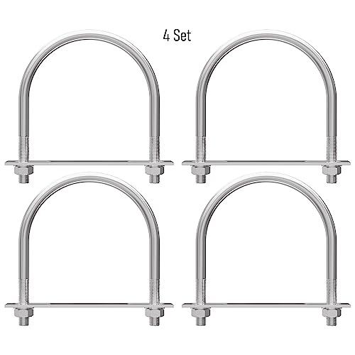 Image of 4 Sets 304 Stainless Steel Round Bend U-Bolts 3.5 inch(89mm) Inner Width 4.84 inch(123mm) Length M10 with Nuts, Frame Plate, Washers, Accessories for Boat Trailer Axle Sailboat Trailer