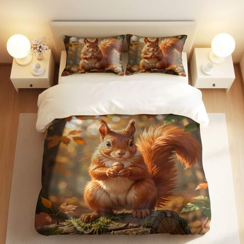 Cute Squirrel Forest Duvet Cover Set, 3pc Cartoon Fall Bedding, Whimsical Nature Comforter Cover, Multi-Size Selection (10,Twin 68inx86in)